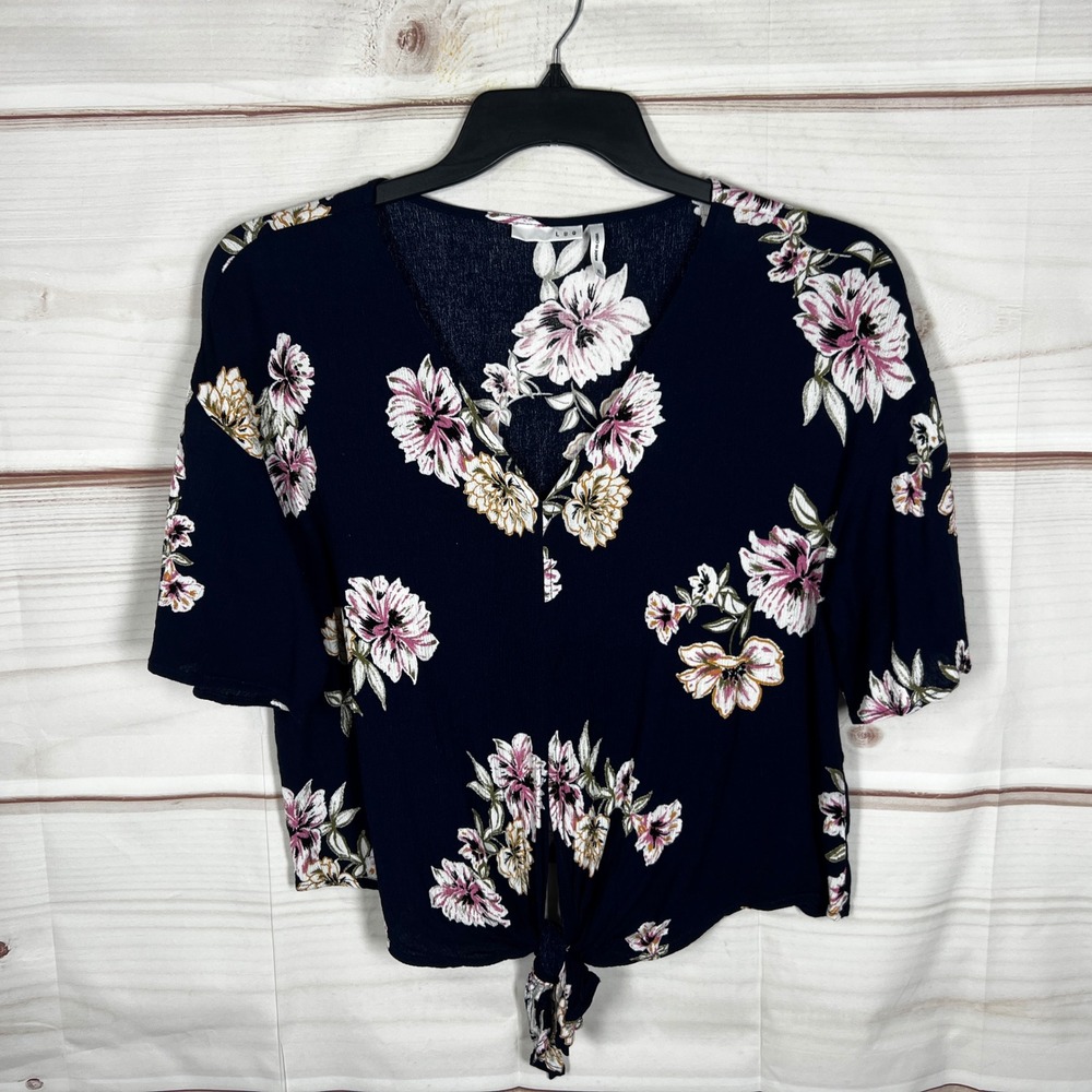 LUQ Floral Crop Blouse Womens XL Navy Blue Tie Front Short Sleeve Bohemian Top